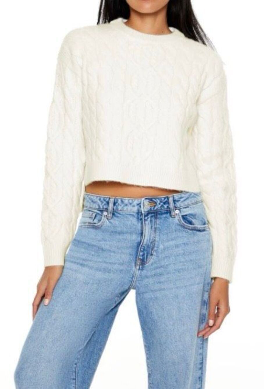 Forever 21 white cotton blend cropped cable knit sweater - XL